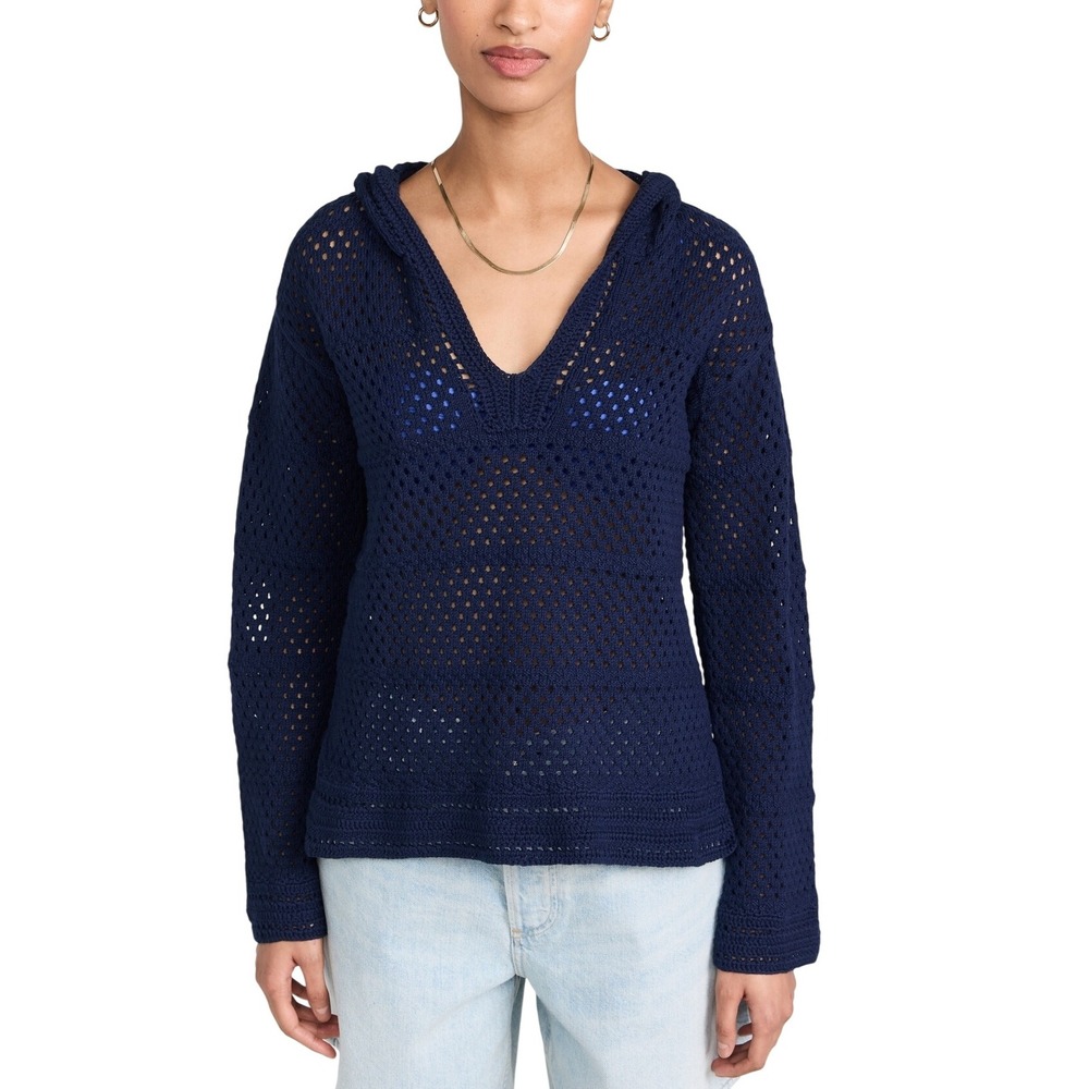 Sundry Anthropologie $168‎ Crochet Summer Boho Beach Hoodie in Navy Size Large